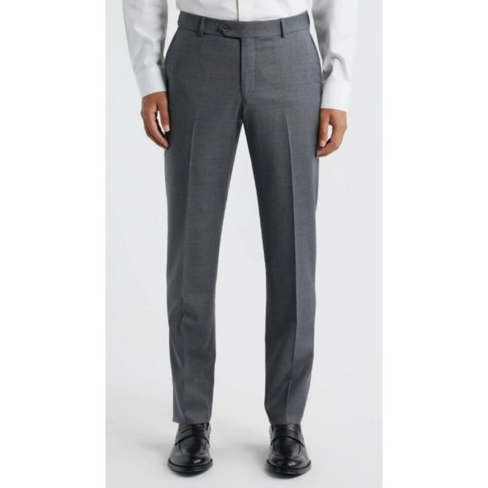 Men's John W. Nordstrom Flat Front Check Wool Dress Pants Size 34 - Grey